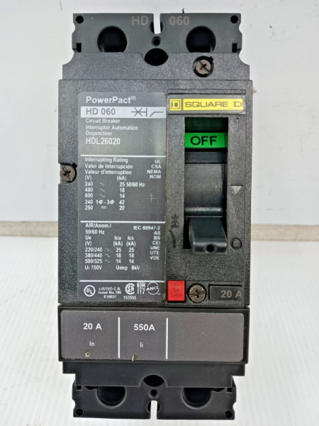 Square D PowerPact 20 Amp Circuit Breaker 2 Pole 600 VAC / 250 VDC 18kA HDL26020