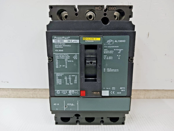 Square D PowerPact 40 Amp Circuit Breaker 3 Pole 600 VAC / 250 VDC HDL36040