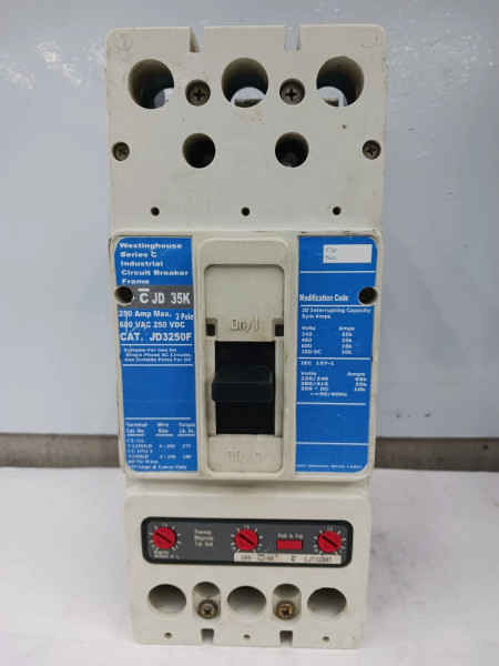 WESTINGHOUSE 250 AMP CIRCUIT BREAKER 3 POLE 600 VAC JD3250F W/ 200 A TRIP (FLAW)