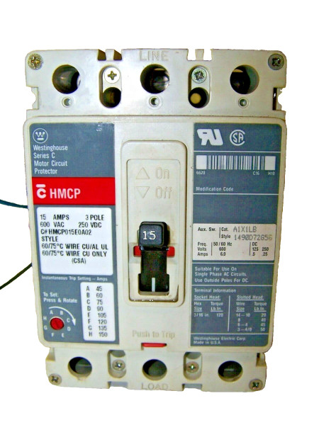 WESTINGHOUSE 15 AMP MOTOR CIRCUIT PROTECTOR WITH AUXILIARY 600V 3P HMCP015E0A02