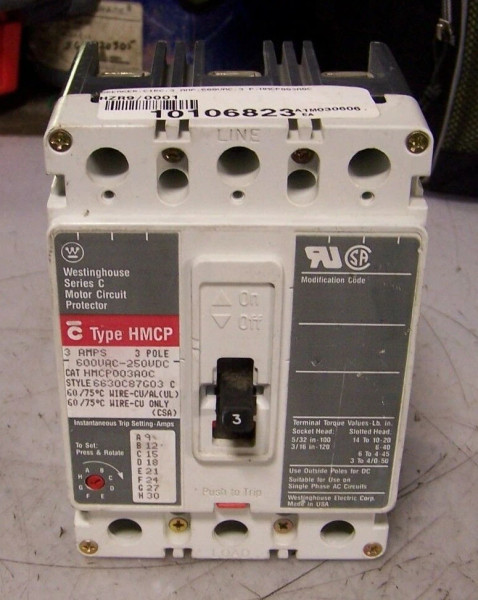 WESTINGHOUSE 3 AMP CIRCUIT BREAKER 600 VAC 3 POLE HMCP003A0C