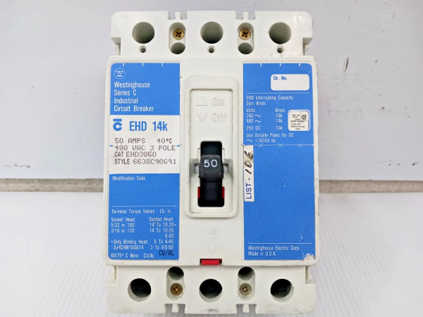 Westinghouse 50 Amp Circuit Breaker 3 Pole 480 VAC / 250 VDC 14kA EHD3050 (Flaw)