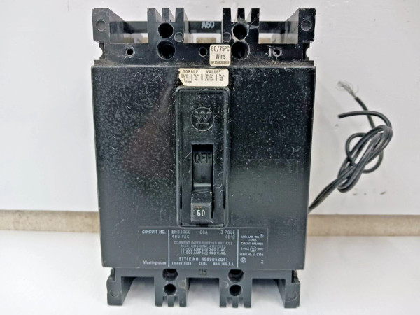 WESTINGHOUSE 60 AMP CIRCUIT BREAKER 3 POLE 480 VAC EHB3060 W/ SHUNT TRIP