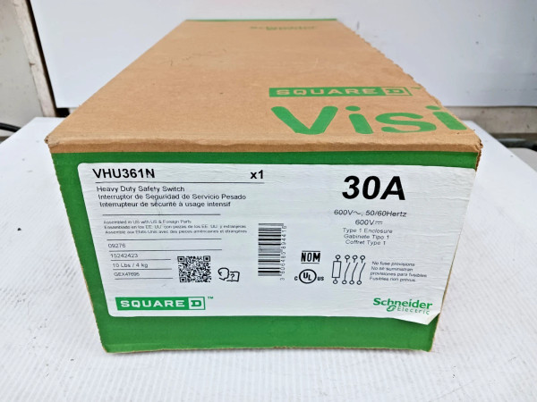 New Square D VisiPacT 30 Amp Non-Fused Safety Switch 3 Pole 600 VAC VHU361N