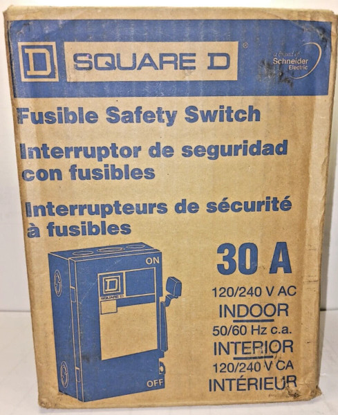 NEW SQUARE D 30 AMP FUSIBLE SAFETY SWITCH 120/240 VAC 50/60 HZ INTERIOR D211N