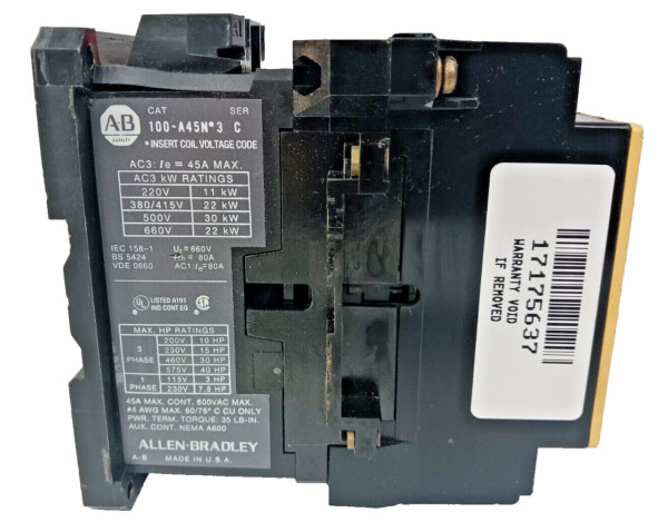ALLEN BRADLEY 40 HP CONTACTOR 600 VAC 3 PHASE 3 POLE 100-A45N*3 SER. C
