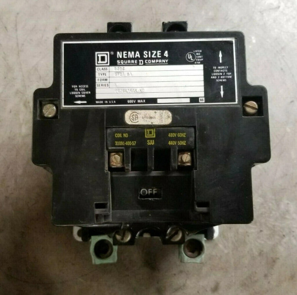 SQUARE D SIZE 4 CONTACTOR 480 VAC COIL 600 VAC 2 POLE 8502SF01