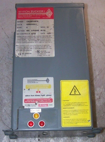 NEW MYRON ZUCKER 9 KVAR POWER FACTOR CORRECTION CAPACITOR 480 VAC KIM43009-3