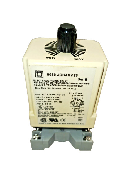 SQUARE D TIMING RELAY 0.1-10 MIN WITH BASE 9050 JCK46V20