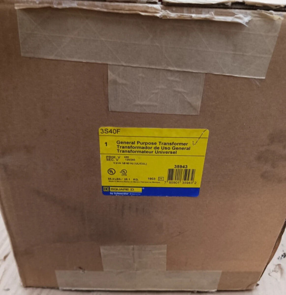 NEW SQUARE D 3S40F 3 KVA 1 PHASE GP TRANFORMER 480V PRI 240/120V SEC