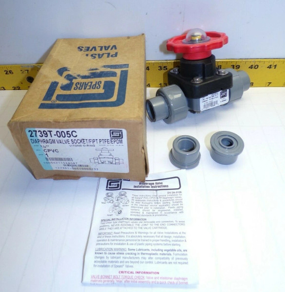 NEW SPEARS 1/2" SOCKET END TRUE UNION DIAPHRAGM VALVE FIPT PTFE/EPDM 2739T-005C