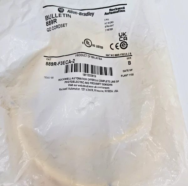 New Allen Bradley 889R-F3ECA-2 QD Cordset 2m 3 pin Strait Ac Micro