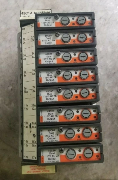 RELIANCE AUTOMATE 45C1A PROGRAMMABLE CONTROLLER W/ 8 45C60 MODULES 120 VAC