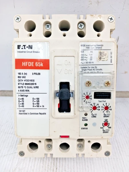 Eaton 160 Amp Circuit Breaker W/ LSI Test Alarm Trip 3 Pole 600 VAC HFDE316032