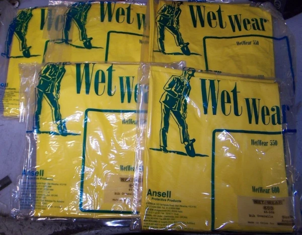 5) NEW ANSELL SIZE M WET WEAR BIB OVERALLS YELLOW PVC HEAVY DUTY UNLINED 65-605