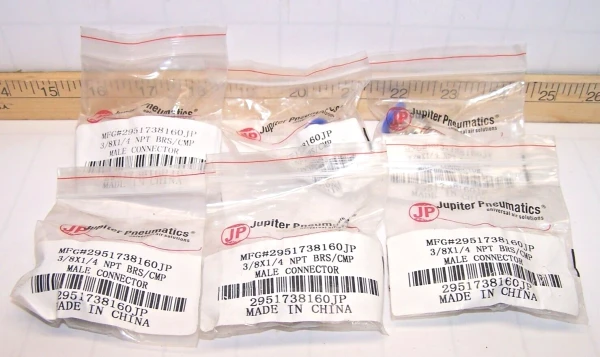 6) Jupiter Pneumatics 3/8" X 1/4" Nickel Plated Brass Push To Connect (LOT OF 6)