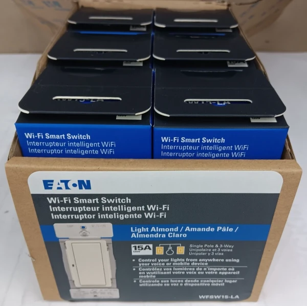 BOX OF 6) NEW EATON WFSW15-LA-SP-L 15 AMP WIFI SMART SWITCH LIGHT ALMOND