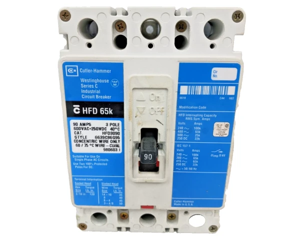 Cutler-Hammer 90 Amp Circuit Breaker 3 Pole 600 VAC / 250 VDC HFD3090