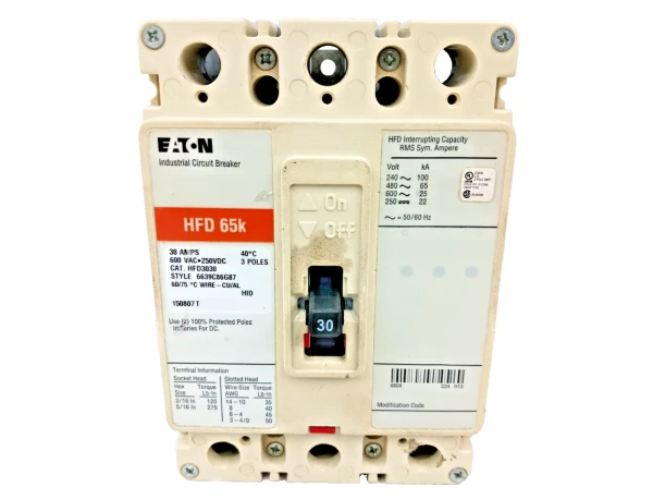 Eaton 30 Amp Circuit Breaker 3 Pole 600 VAC / 250 VDC HFD3030 *Flaw*
