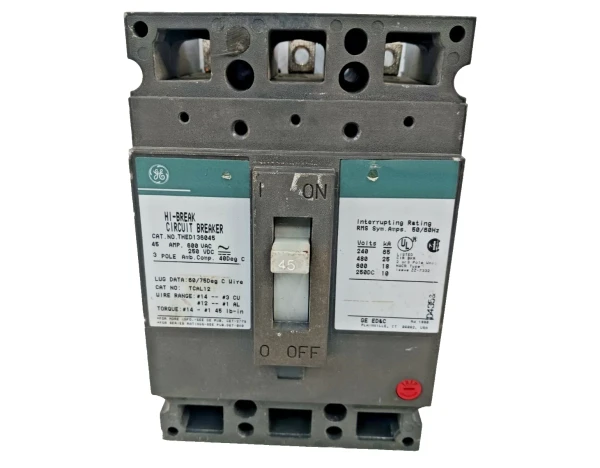 GE 45 Amp Circuit Breaker 3 Pole 600 VAC / 250 VDC THED136045