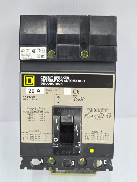 Square D 20 Amp I-Line Circuit Breaker 600 VAC 3 pole 65 kA FH36020 (Flaw)