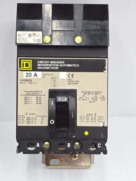 Square D 20 Amp I-Line Circuit Breaker 600 VAC 3 Pole 65 kA FH36020