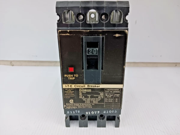 SIEMENS ITE 20 AMP CIRCUIT BREAKER 3 POLE 480 VAC E43B020