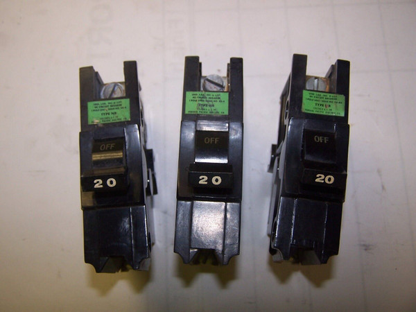 3) FPE 20 AMP CIRCUIT BEAKER 240 VAC 1 POLE NB120 LOT OF 3