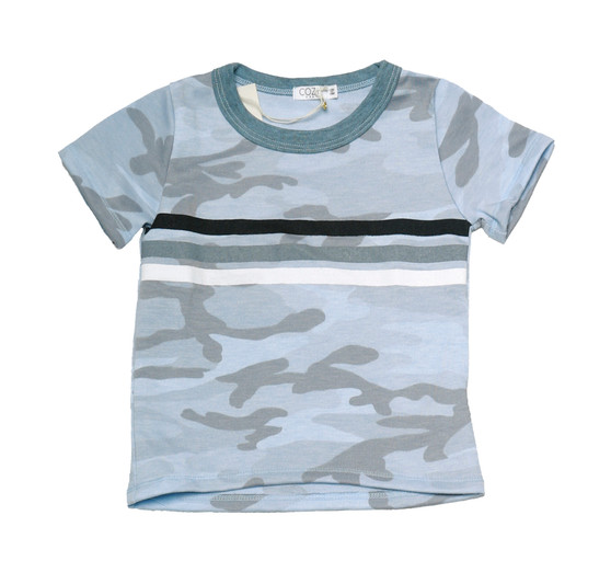 B BLUE SHORT SLEEVE CAMO PRINT CREW TEE WITH STRIPES