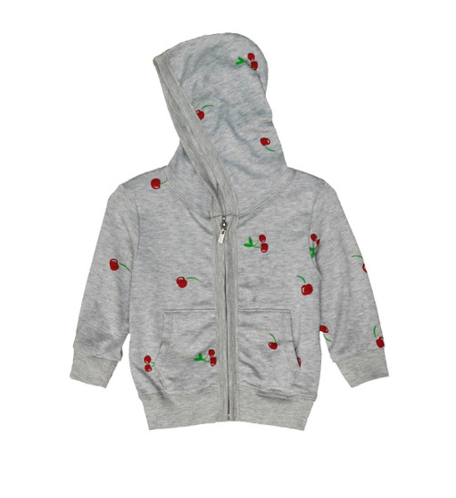 CHERRY PRINT LONG SLEEVE PRINTED HOODED ZIPPER JACKET WITH POUCH