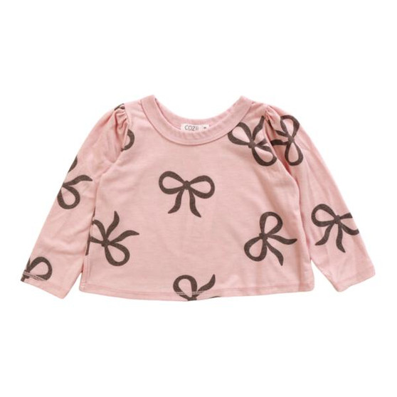 Puff-Shoulder Long-Sleeve Tee (Black Bows Pattern)