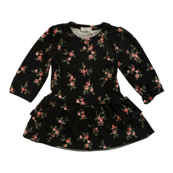 Long Puff-Sleeve Layered Dress (Floral Pattern)