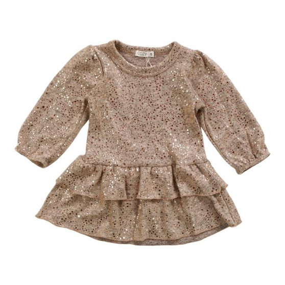 Long Puff-Sleeve Layered Dress (Rose-Gold Sequins)