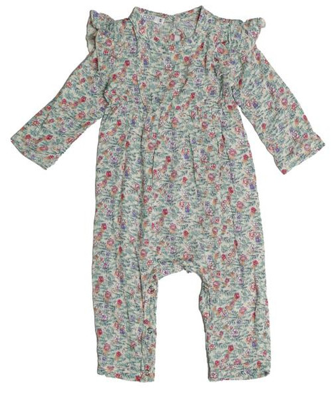 Long-Sleeve Ruffle Romper (Berry Floral Pattern)