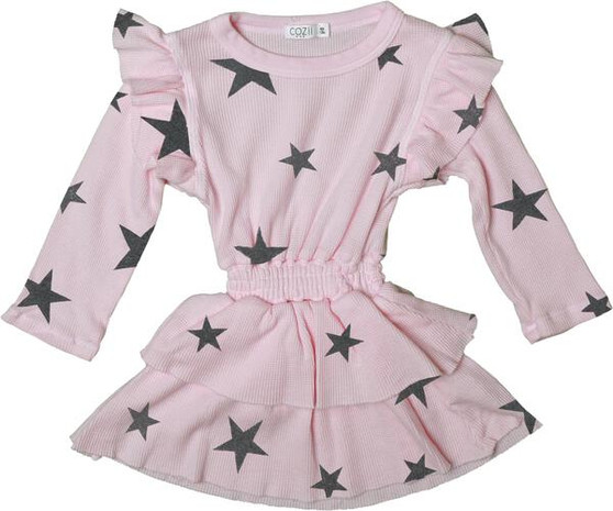 Long-Sleeve Ruffle Dress (Charcoal Stars Pattern)