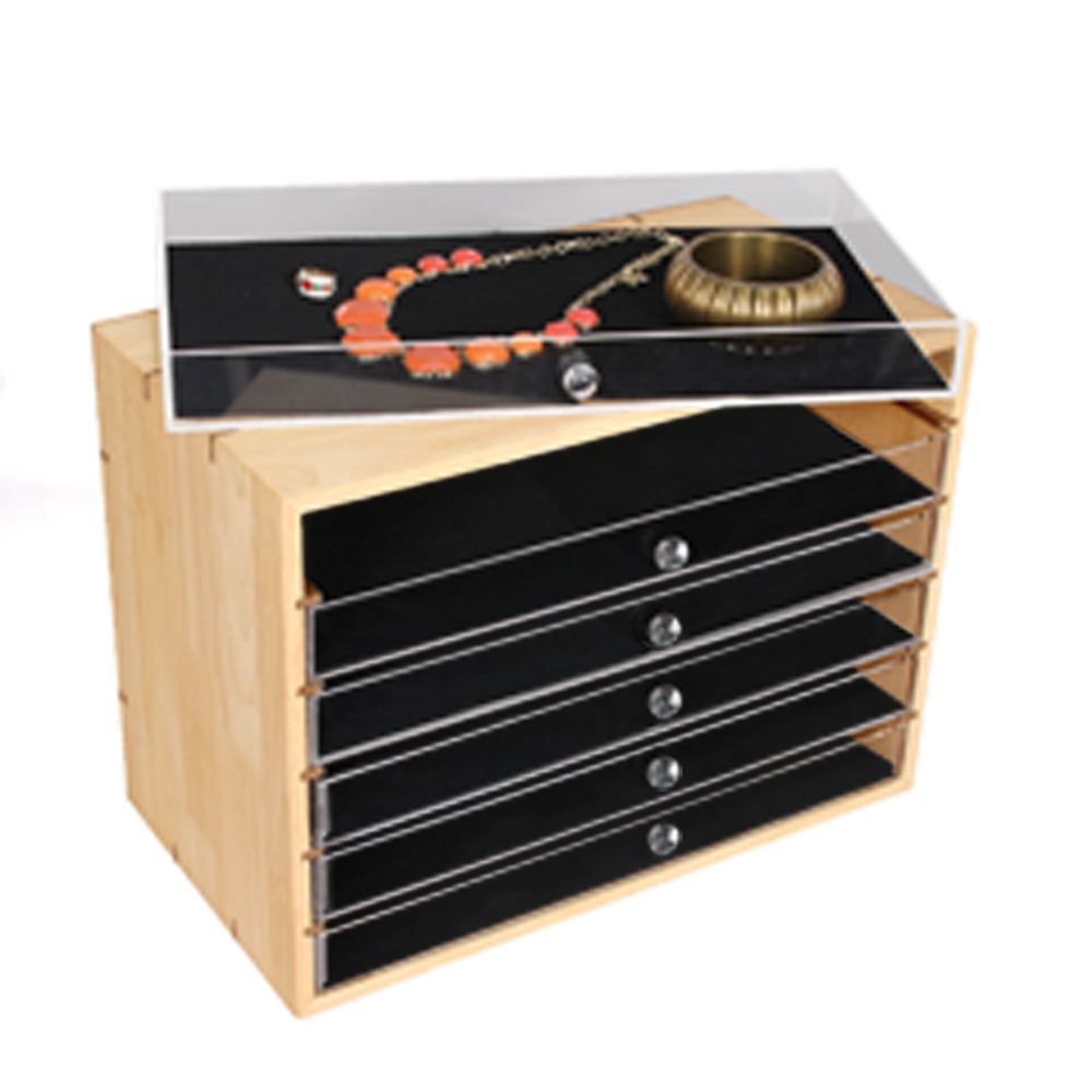 Natural Wood Organizer Case, Acrylic Drawer, 16" x 9" x 11 3/4"H Eds
