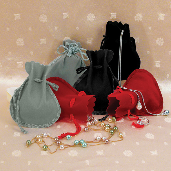 Scalloped-Edge Velvet Pouch, Choose Color and Size, Price for 12 Pieces