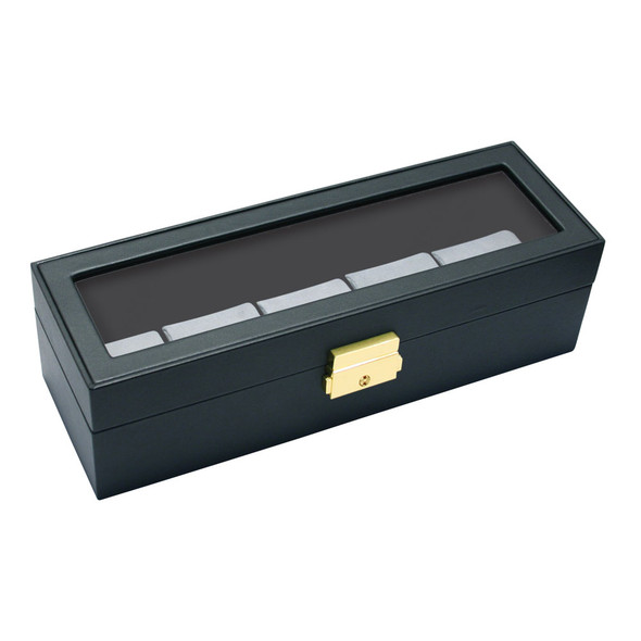 Glass top View, Black Leather / Grey Velvet 5-Pillow Wooden Watch Box, 11 5/8" x 4" x 3 1/4"H