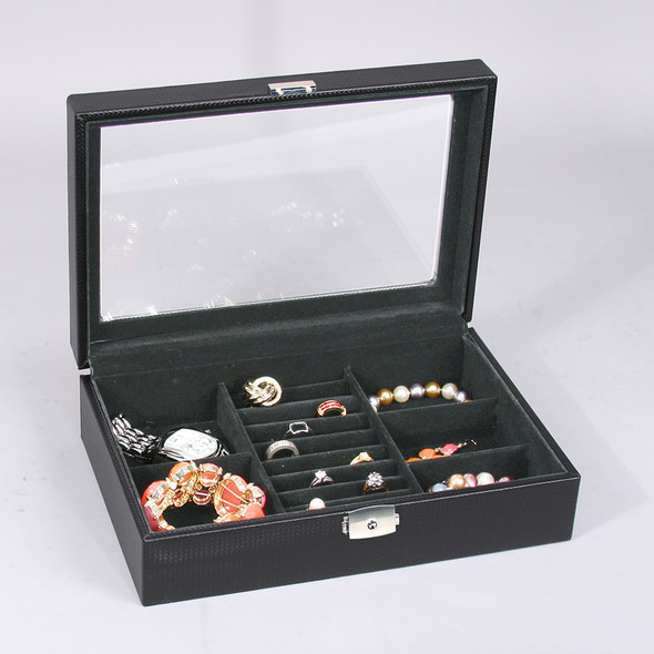 Glass top View ,8-Ring Slot/5-Compartments  Box, 11 5/8" x 8" x 3 1/4"H, Black Velvet Inside,Choose from various color