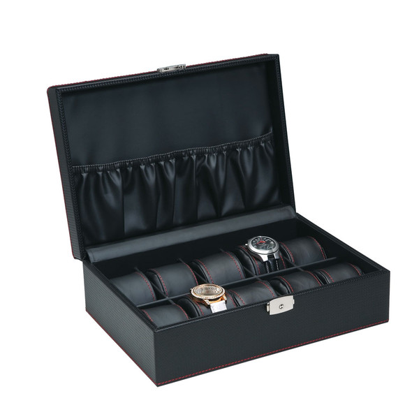 10-Watches , Simulated Carbon fiber Pattern/Black Leather inside Wooden Case, 11 5/8" x 8" x 3 1/4"H