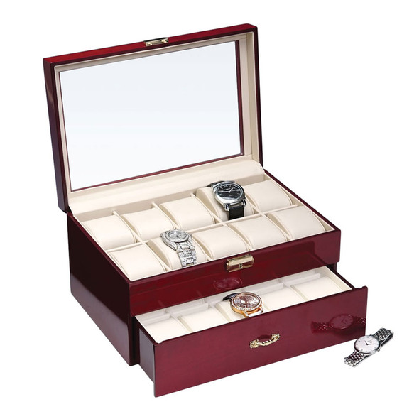 Glass Top Watch Case w/ Glossy Rosewood Exterior Holds 20 Watches, 11 5/8" x 8" x 6 1/2"H (CBW230-RW)