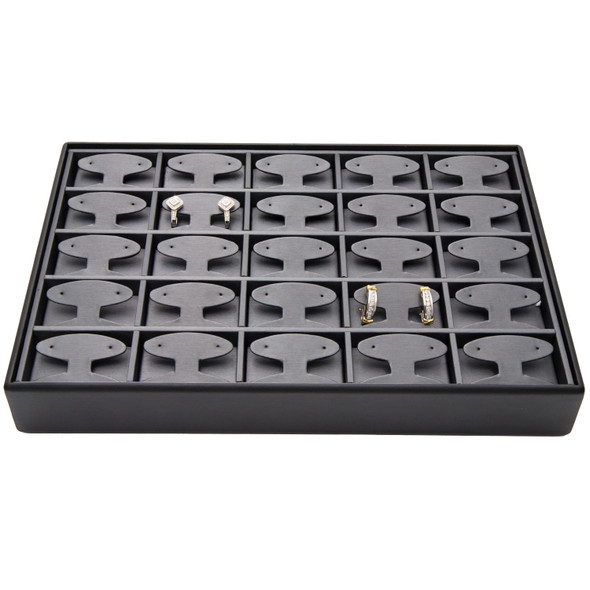 Steel Grey and Black Faux Leather Earring Display Tray – 24 Pair T-Bar Style Stackable Jewelry Showcase with Removable Pads