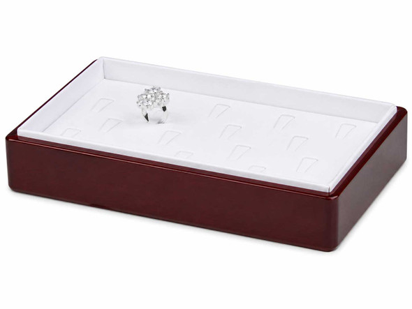 18-Ring White Faux Leather Display Tray with Glossy Rosewood Trim
