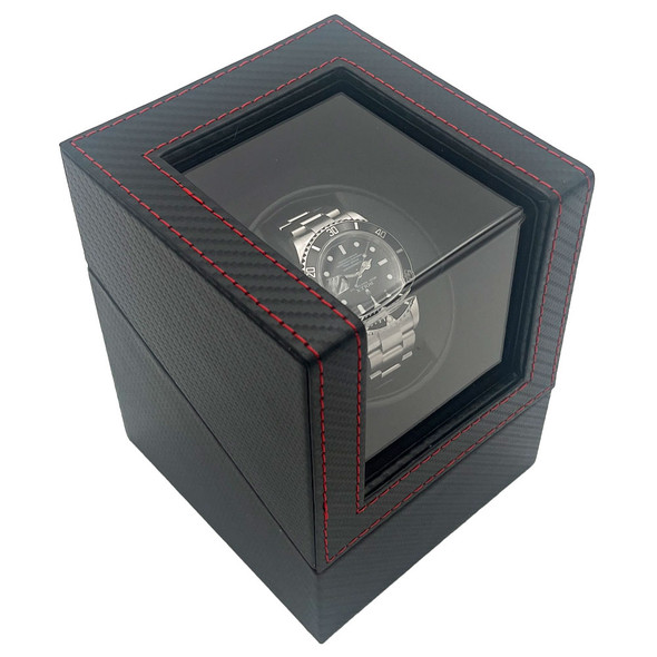 Watch Winder with Black Faux Leather Exterior and Black Suede Interior (WC320-BK,R)