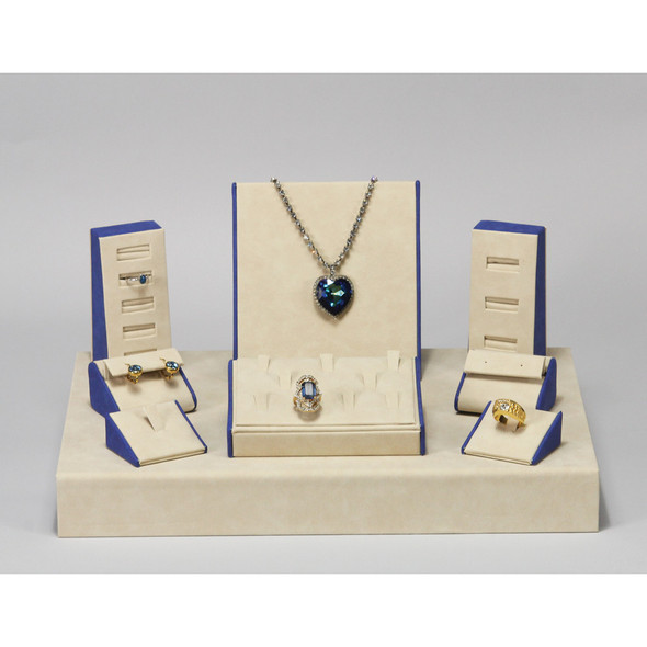 24-Piece Jewelry Display Set in Vintage Cream with Blue Faux Leather 58.75" x 10.5" x 7.75"H