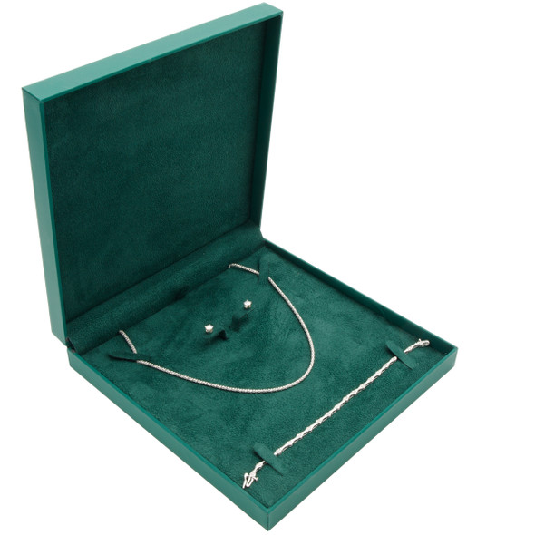 Large Necklace Earring Bracelet Combo Box Features an Emerald Green Suede Interior with Matching Green Matte Exterior - 12pcs per pack