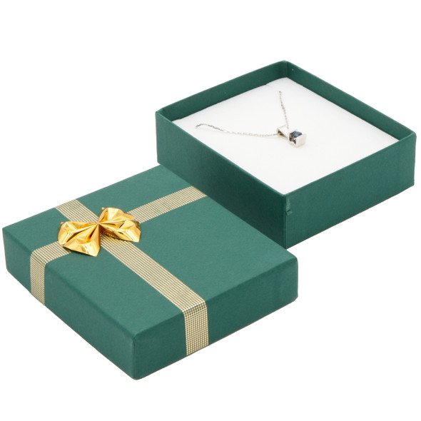 Earring Pendant Box with a Deep Green Exterior and a Shiny Gold Bow Tie - 24 Pieces Per Pack