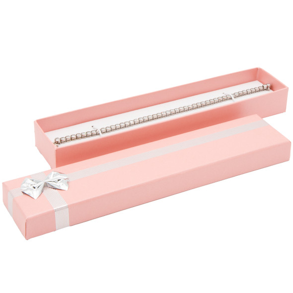 Bracelet Box with a Soft Pink Exterior and a Shiny Silver Bow-Tie - 12 Pieces Per Pack