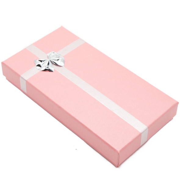 Earring Necklace and Ring Combination Box with a Pink Exterior and a Shiny Gdold Bow Tie - 12 Pieces Per Pack
