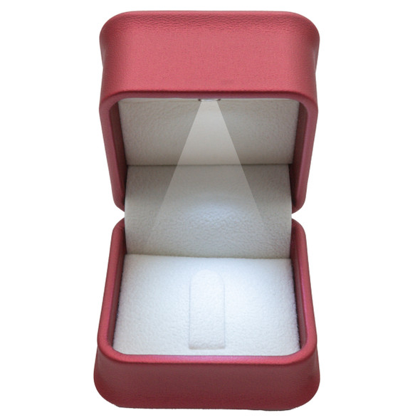 LED Lighted Ring Box with Clip Features Plush Red Leatherette Exterior
